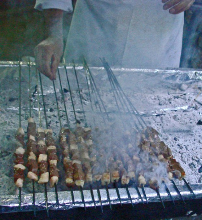 Musa Dağdeviren prepares his Lachmacun (Arab Pizza) at Graystone, in Napa, and he grills his exquisite Liver Kebap (see recipe).