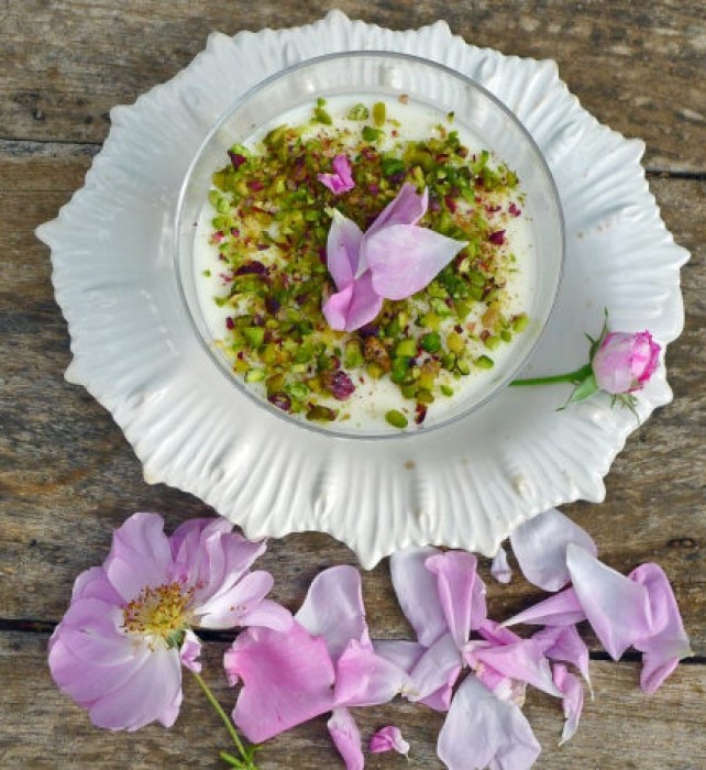 Rose-petal-yogurt-and-pistachio mousse.