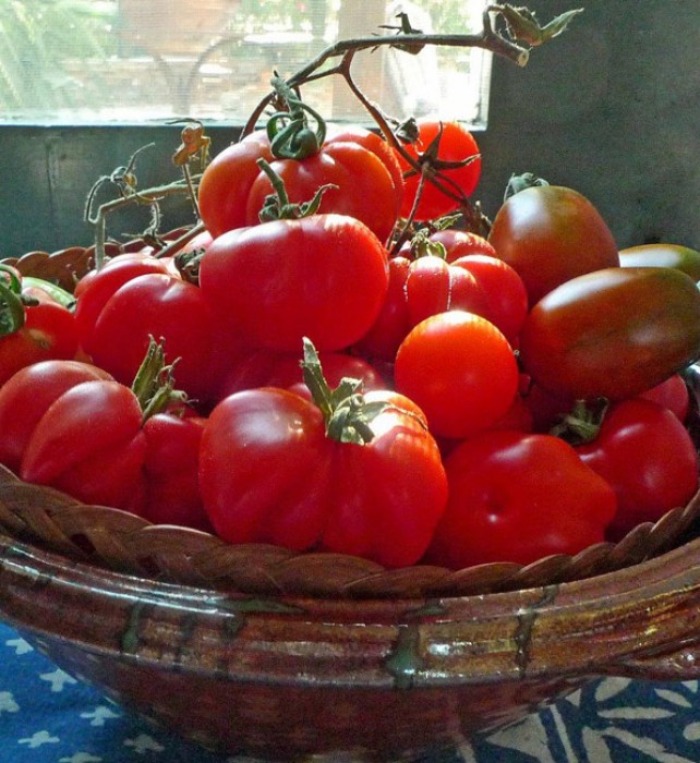 We never refrigerate our tomatoes, leaving them in a bowl or basket that brightens our table!